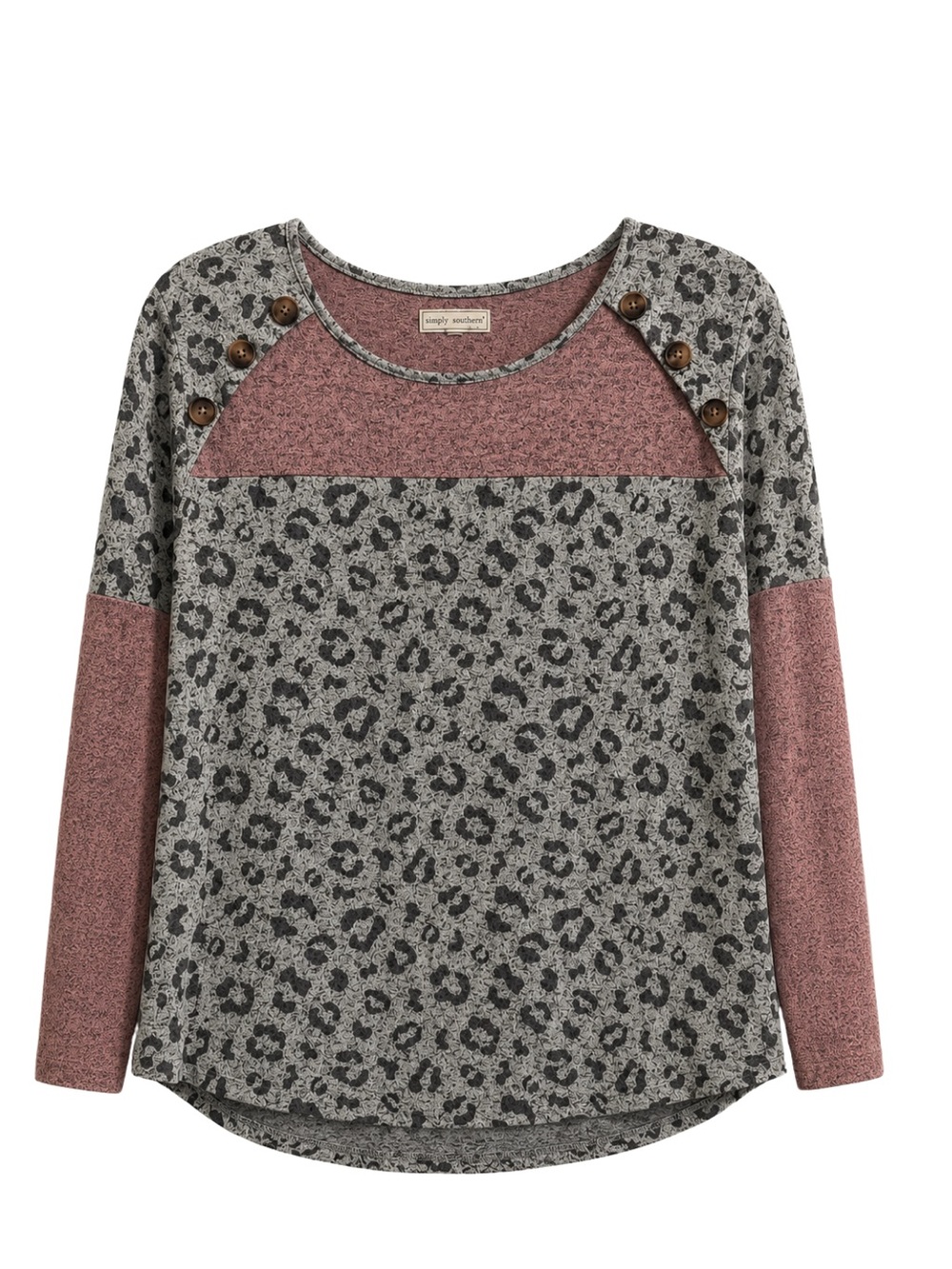 Simply Southern Mauve and Gray Leopard Colorblock Tunic Sweater